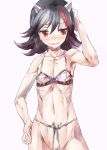  1girl black_hair blush bow bow_bra bra commentary_request embarrassed flat_chest fundoshi hand_behind_head horns kijin_seija multicolored_hair red_eyes redhead short_hair skinny streaked_hair touhou underwear yohane 