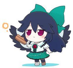  1girl arm_cannon asymmetrical_footwear azuma_meri bird_wings black_hair black_socks black_wings blouse blush_stickers bow cape center_frills chibi closed_mouth collared_shirt commentary_request eyes_visible_through_hair frilled_shirt_collar frilled_skirt frills fumo_(doll) green_bow green_skirt hair_bow highres kneehighs long_hair mismatched_footwear puffy_short_sleeves puffy_sleeves red_eyes reiuji_utsuho shirt shoes short_sleeves simple_background single_shoe skirt socks solo sun third_eye touhou weapon white_background white_cape white_shirt wings 