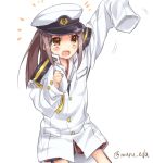  1girl admiral_(kantai_collection) admiral_(kantai_collection)_(cosplay) arm_up blush brown_eyes brown_hair cosplay hat kantai_collection long_hair maruki_(punchiki) military military_uniform naval_uniform open_mouth oversized_clothes smile solo uniform zuihou_(kantai_collection) 