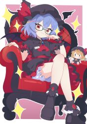  1girl alternate_color ascot back_bow bat_wings bespectacled black_boots black_hat black_shirt black_skirt bloomers blue_hair blush boots bow brooch character_doll closed_mouth collared_shirt commentary_request commission couch crossed_legs doll flandre_scarlet frilled_shirt_collar frilled_skirt frilled_wrist_cuffs frills glasses green-framed_eyewear hat hat_ribbon highres jewelry looking_at_viewer masakamea mob_cap name_tag on_couch puffy_short_sleeves puffy_sleeves red_ascot red_bow red_eyes red_wrist_cuffs remilia_scarlet remilia_scarlet_(tiny_devil_mistress) ribbon second-party_source shirt short_sleeves sitting skeb_commission skirt sleeve_bow smile smug solo sparkle touhou touhou_lostword white_bloomers wings wrist_cuffs 