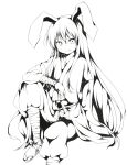  1girl animal_ears ankle_wraps bandages bow chikuwa_savi forbidden_scrollery highres long_hair monochrome rabbit_ears reisen_udongein_inaba sandals sash skirt smile solo touhou very_long_hair 