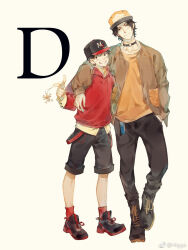  2boys black_hair black_shorts boots chinese_commentary choker collared_shirt commentary_request freckles full_body hat higga highres hood hoodie jolly_roger male_focus monkey_d._luffy multiple_boys one_piece portgas_d._ace red_hoodie red_socks scar scar_on_face shirt short_hair shorts simple_background smile socks straw_hats_jolly_roger weibo_username yellow_shirt 