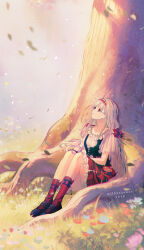  1girl 2026 against_tree artist_name black_corset black_shoes blue_flower corset falling_leaves flower full_body grass hairband leaf long_hair looking_up mary_janes milktea_0021 miniskirt on_ground red_eyes red_flower red_hairband red_skirt red_socks reverse:1999 rubuska shirt shoes short_sleeves sitting skirt socks solo tree very_long_hair white_shirt 