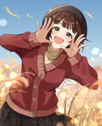  1girl :d ;d amami_haruka beret black_hat black_skirt blue_sky blurry bokeh brown_hair cardigan chain chain_necklace commentary_request day depth_of_field eyelashes green_eyes hat highres idolmaster idolmaster_(classic) idolmaster_million_live! idolmaster_million_live!_theater_days jewelry lc_fuu long_sleeves looking_at_viewer medium_hair necklace official_alternate_costume one_eye_closed outdoors pleated_skirt red_cardigan skirt sky smile solo sweater turtleneck turtleneck_sweater wheat_field wind yellow_sweater 