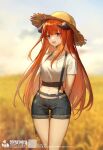  1girl :d alternate_costume arknights arms_behind_back bagpipe_(arknights) bangs black_shorts blunt_bangs blurry blurry_background blush breasts brown_headwear cowboy_shot day depth_of_field dragon_horns eyebrows_visible_through_hair field hat highres horns jewelry long_hair looking_at_viewer medium_breasts midriff navel necklace open_mouth orange_hair outdoors qinglai_haiji shirt short_shorts short_sleeves shorts skindentation smile solo straight_hair straw_hat suspender_shorts suspenders thigh_gap very_long_hair violet_eyes white_shirt 