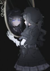  1girl absurdres ammunition_pouch arm_belt asymmetrical_gloves bandaged_arm bandages black_background black_choker black_coat black_dress black_gloves black_hair black_hat black_ribbon blue_eyes checkered_clothes checkered_dress choker closed_mouth coat collared_dress commentary dress gloves goggles goggles_on_headwear hat highres kurobe_nanoka long_hair looking_at_mirror looking_at_reflection mahou_shoujo_no_majo_saiban mirror neck_ribbon pouch reflection ribbon sanlao1207 simple_background solo twintails untranslatable_commentary 
