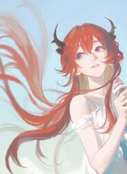  1girl alternate_costume arknights armband bare_arms bare_shoulders blue_background camisole chinese_commentary collarbone commentary crossed_bangs dress floating_hair frilled_armband frills gradient_background green_background hair_between_eyes highres holding holding_ice_cream_cone horns ice_cream_cone long_hair looking_to_the_side looking_up parted_lips photo-referenced purple_hair red_hair sideways_glance simple_background slit_pupils solo surtr_(arknights) upper_body very_long_hair white_armband white_camisole white_dress xinghen_az 