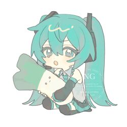  1girl :o aqua_eyes aqua_hair aqua_necktie aqua_trim bare_shoulders black_boots black_skirt black_sleeves boots chibi chibi_only commentary_request detached_sleeves grey_shirt hair_between_eyes hair_ornament hatsune_miku headset highres light_blush long_hair looking_at_viewer necktie pleated_skirt sakumoch_24 shirt simple_background skirt sleeveless sleeveless_shirt sleeves_past_wrists solo spring_onion teardrop thigh_boots twintails very_long_hair vocaloid white_background wide_sleeves wing_collar zettai_ryouiki 
