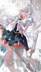  1girl absurdres arcaea black_dress blue_butterfly broken_glass bug butterfly closed_mouth commentary_request dress flower frilled_dress frilled_sleeves frilled_wrist_cuffs frills glass glass_shards highres hikari_(arcaea) hikari_(reunion)_(arcaea) layered_dress long_hair looking_at_viewer own_hands_together puffy_short_sleeves puffy_sleeves qier-mope red_eyes shoes short_sleeves solo white_background white_dress white_flower white_hair white_shoes white_wrist_cuffs wrist_cuffs 