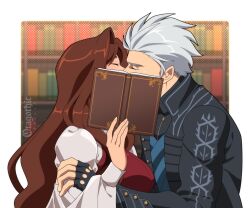  1boy 1girl artist_name black_coat black_gloves book bookshelf breasts brown_hair closed_eyes coat commentary covering_another's_mouth covering_own_mouth devil_may_cry_(series) devil_may_cry_5 fingerless_gloves gloves grey_hair hetero highres holding holding_book implied_kiss lady_in_red_(devil_may_cry) large_breasts long_hair otagothic untranslatable_commentary vergil_(devil_may_cry) wavy_hair 