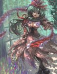  1girl breasts cherry_trees cleavage crossed_legs dappled_sunlight fishnets full_body grass green_eyes green_hair hair_ribbon hand_on_hip highres indoors kagiyama_hina long_hair looking_at_viewer nature open_mouth outstretched_arm ribbon smile solo standing syuraime_0 touhou tree window 