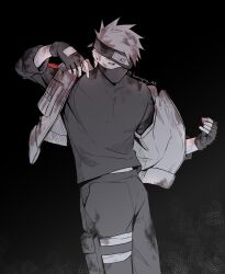  1boy absurdres arm_up black_background bunnying_182 clothing_cutout commentary_request covered_mouth fingerless_gloves flak_jacket forehead_protector glove_cutout gloves hatake_kakashi headband highres jacket jacket_partially_removed konohagakure_shinobi_uniform konohagakure_symbol looking_to_the_side male_focus mask midriff_peek mouth_mask naruto_(series) naruto_shippuuden one_eye_covered open_clothes open_jacket pants pouch shirt short_hair sideways_glance solo spiky_hair standing thigh_pouch twitter_username 