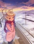  1girl blonde_hair brown_eyes lowres original railroad_tracks scarf snow solo weno weno&#039;s_blonde_original_character 