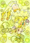  1girl arm_warmers arms_behind_head bike_shorts blonde_hair cure_lemonade curly_hair drill_hair eyelashes food fruit hair_ornament high_heels jewelry kasugano_urara_(yes!_precure_5) layered_skirt lemon lipstick long_hair looking_at_viewer magical_girl makeup open_mouth precure puffy_sleeves sayococco shorts_under_skirt skirt solo thigh-highs twin_drills twintails upside-down yellow_background yellow_eyes yes!_precure_5 yes!_precure_5_gogo! zettai_ryouiki 