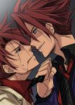  2boys black_battler blood blood_on_face eye_contact grey_eyes looking_at_another male_focus multiple_boys necktie necktie_grab profile red_eyes redhead smile sousui_hani umineko_no_naku_koro_ni ushiromiya_battler 