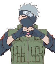  1boy arms_up black_shirt brown_eyes bunnying_182 collared_jacket commentary covered_mouth flak_jacket green_jacket grey_hair hatake_kakashi heart heart_hands highres jacket konohagakure_shinobi_uniform konohagakure_symbol long_sleeves looking_at_viewer male_focus mask mouth_mask naruto_(series) one_eye_covered shirt short_hair simple_background sleeveless sleeveless_jacket solo spiky_hair straight-on twitter_username upper_body white_background 