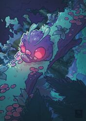  artist_name commentary english_commentary forest highres leaf log moss nature no_humans outdoors petite_echorizon pokemon pokemon_(creature) procreate_(medium) red_eyes solo venonat walking 