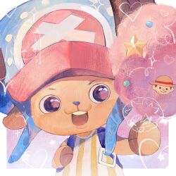  1boy antlers black_eyes blush cotton_candy drooling food furry furry_male hat highres holding holding_cotton_candy holding_food hooves horns lucis0407 male_focus one_piece reindeer_antlers shirt smile solo striped_clothes striped_shirt tony_tony_chopper 