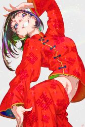  1girl absurdres china_dress chinese_clothes colored_inner_hair commentary dress english_commentary highres mixed-language_commentary momoyama_tits multicolored_hair navel original smile solo teeth 
