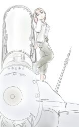  1girl ace_combat ace_combat_8 aircraft airplane asymmetrical_legwear canopy_(aircraft) commentary_request f-18_hornet fighter_jet green_pants heripai highres jacket leaning_against_vehicle light_smile military_vehicle open_clothes open_jacket pants pink_hair short_hair simple_background sketch tasha_(ace_combat) twitter_username uneven_legwear 