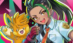  1girl :d ashleyteruu breast_pocket clenched_hand collared_shirt commentary_request eyelashes fingerless_gloves freckles gloves hand_up happy highres looking_at_viewer loose_hair_strand necktie nemona_(pokemon) open_mouth orange_necktie pawmot pocket pokemon pokemon_(creature) pokemon_scarlet_and_violet ponytail red_gloves shirt short_sleeves smile teeth upper_teeth_only 