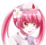  1girl :d borrowed_character bust ebola-chan face fang flower hair_flower hair_ornament hat long_hair nurse nurse_cap open_mouth original personification pink pink_hair simple_background smile solo twintails white_background yellow_eyes zatsudan 