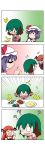  +++ /\/\/\ 3girls 4koma ? ^_^ absurdres animal_ears arms_up bat_wings card cheek_pinching cheek_pull chibi closed_eyes comic demon_girl demon_wings fang flying_sweatdrops food fork gradient gradient_background green_hair head_wings highres kasodani_kyouko knife koakuma laughing mob_cap multiple_girls o_o open_mouth pinching plate playing_card purple_hair rakugaki-biyori redhead remilia_scarlet salad silent_comic silverware smile snapping_fingers spoon stomach_growling surprised table touhou wings x_x 