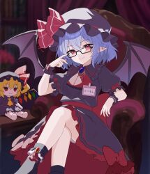  1girl alternate_color anima_miko ascot back_bow bat_wings bespectacled black-framed_eyewear black_hat black_shirt black_skirt black_socks black_wrist_cuffs blue_hair bow brooch character_doll closed_mouth collared_shirt commentary_request commission couch crossed_legs doll flandre_scarlet frilled_shirt_collar frilled_skirt frills glasses hat hat_ribbon highres indoors jewelry looking_at_viewer mob_cap name_tag on_couch pointy_ears puffy_short_sleeves puffy_sleeves red_ascot red_bow red_eyes remilia_scarlet remilia_scarlet_(tiny_devil_mistress) ribbon second-party_source shirt short_sleeves sitting skeb_commission skirt skirt_bow sleeve_bow smile socks solo touhou touhou_lostword wings wrist_cuffs 