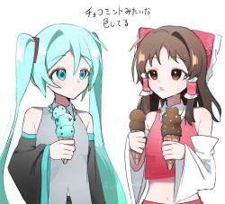  2girls aqua_eyes aqua_hair black_skirt black_sleeves blush bow breasts brown_eyes brown_hair chocolate commentary_request crossover detached_sleeves food frilled_bow frilled_hair_tubes frills grey_shirt hair_between_eyes hair_bow hair_tubes hakurei_reimu hatsune_miku holding holding_ice_cream_cone ice_cream ice_cream_cone long_hair loveplum0510 medium_breasts midriff mint_chocolate multiple_girls multiple_scoops open_mouth red_bow red_skirt shirt skirt skirt_set sleeveless sleeveless_shirt touhou translation_request twintails very_long_hair vocaloid 