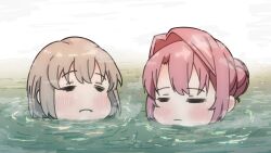  2girls blush closed_eyes closed_mouth commentary grey_hair hair_bun hair_intakes hair_up kamiina_botan kamiina_botan_yoeru_sugata_wa_yuri_no_hana masa_02 multiple_girls partially_submerged pink_hair tonami_ibuki water wet 