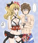 ... 1boy 1girl arm_behind_back bangs bare_shoulders bikini black_bow blonde_hair blush bow breasts brown_eyes brown_hair character_print cheken cleavage crossed_arms drink drinking drinking_straw flower gita_(granblue_fantasy) granblue_fantasy groin hair_between_eyes hair_bow hair_flower hair_ornament holding large_breasts long_hair looking_at_another musical_note navel outline ponytail red_eyes short_hair sidelocks smile speech_bubble spoken_ellipsis spoken_musical_note sweat swim_trunks swimsuit turn_pale vee_(granblue_fantasy) vila 