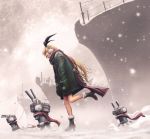  1girl alternate_costume ankle_boots bare_legs blonde_hair blush boat boots coat earmuffs fur_boots high_heel_boots high_heels kantai_collection long_hair no_legwear pandarou rensouhou-chan scarf shimakaze_(kantai_collection) ship smile snow snowing solo 