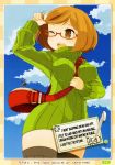  1girl bag between_breasts blush brown_eyes brown_hair clouds english glasses hard_translated highres mota nikki_(swapnote) one_eye_closed open_mouth ribbed_sweater short_hair shoulder_bag strap_cleavage swapnote sweater thigh-highs turtleneck 