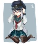  1girl blue_eyes hat hibiki_(kantai_collection) highres kantai_collection long_hair naaran silver_hair solo thigh-highs uniform 