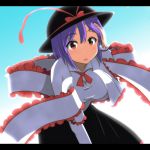 1girl backlighting bent_over cato_(monocatienus) hand_in_hair hat hat_ribbon looking_at_viewer nagae_iku open_mouth purple_hair red_eyes ribbon shawl short_hair skirt solo touhou