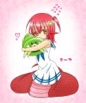  1girl full_body hair_ornament hairclip heart hug lamia long_hair miia_(monster_musume) monster_girl monster_musume_no_iru_nichijou orange_eyes pointy_ears redhead scales slit_pupils solo stuffed_animal stuffed_toy uni_(leamyuse) younger 