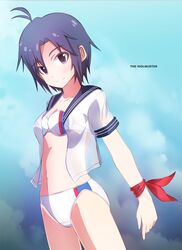  1girl antenna_hair bikini black_hair collarbone copyright_name idolmaster kikuchi_makoto looking_at_viewer navel no_pants ns.x open_clothes open_shirt sailor_collar see-through short_hair solo standing swimsuit violet_eyes wrist_ribbon 