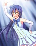  1girl arm_up bare_shoulders blue_dress blue_hair blush bow clenched_hand detached_sleeves dress hair_bow hand_on_hip highres long_hair love_live!_school_idol_project open_mouth sonoda_umi start:dash!! yellow_eyes yu-ta 