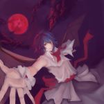  1girl absurdres ascot bat_wings blue_hair clouds eyelashes foreshortening hands highres light_smile moon night no_hat noel_(pixiv5459099) outstretched_arms red_eyes red_moon remilia_scarlet sash short_hair skirt skirt_set sky slit_pupils solo spread_arms touhou wings wrist_cuffs 