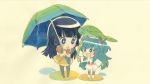  2girls black_hair blue_eyes blue_hair blush_stickers dress leaf_umbrella long_hair multiple_girls noel_(sora_no_method) open_mouth pantyhose parasol smile sora_no_method togawa_shione umbrella 