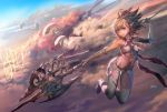  1girl bodysuit breasts brown_hair clouds elbow_gloves evening flying gloves midriff new_year original pointy_ears polearm red_eyes short_ponytail skin_tight sky solo spear thigh-highs umiu_geso weapon white_gloves 