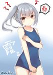  1girl angry black_ribbon blue_background blue_swimsuit blush breasts brown_eyes character_name collarbone covering covering_crotch eyebrows_visible_through_hair frown gradient gradient_background grey_hair hair_between_eyes hair_ribbon kantai_collection kasumi_(kantai_collection) long_hair looking_at_viewer one-piece_swimsuit ribbon school_swimsuit side_ponytail silver_hair small_breasts solo sou_(soutennkouchi) swimsuit twitter_username 
