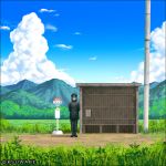  abyssal_admiral_(kantai_collection) admiral_suwabe arms_behind_back bus_stop clouds cloudy_sky hat horizon kantai_collection kei-suwabe military military_uniform mountain naval_uniform peaked_cap scenery shinkaisei-kan signpost sky telephone_pole twitter_username uniform 