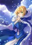  1girl absurdres ahoge blonde_hair cape cloak dress fate/stay_night fate_(series) fur_trim green_eyes highres hood riku_(lingsky) saber snowing solo 