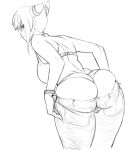  1girl artist_request ass blush bra han_juri leaning_forward looking_back monochrome panties pants pants_pull solo source_request standing street_fighter underwear undressing 