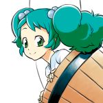 1girl bucket green_eyes green_hair hair_bobbles hair_ornament in_bucket in_container kagehito kisume short_hair smile solo touhou twintails 