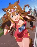  &gt;:d 2girls :d aqua_eyes armpits black_gloves braid breasts brown_hair fake_tail gloves hair_ribbon idolmaster idolmaster_million_live! kousaka_umi long_hair million_live_card multiple_girls name_tag open_mouth playing_sports racing relay_race ribbon running shimabara_elena side_braid smile solo_focus sport tail twin_braids 