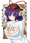  1girl alternate_costume body_writing bow breast_lift breasts cleavage cleavage_cutout crossed_arms gonzaburo happy_new_year hat hat_bow highres horns large_breasts long_sleeves nagae_iku new_year open-chest_sweater purple_hair red_eyes ribbed_sweater sheep_horns smile solo sweater touhou translated turtleneck 