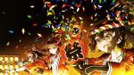  3girls brown_eyes brown_hair confetti fan gloves highres jewelry jintsuu_(kantai_collection) kantai_collection lantern microphone multiple_girls naka_(kantai_collection) necklace night paper_fan paper_lantern sarashi sendai_(kantai_collection) tanaka_kusao 