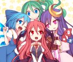  4girls blue_eyes blue_hair book bow cirno crescent_hair_ornament daiyousei demon_wings green_hair hair_bow hair_ornament head_wings ice ice_wings koakuma kuresento long_hair multiple_girls one_eye_closed open_mouth patchouli_knowledge purple_hair red_eyes redhead side_ponytail touhou very_long_hair wings 